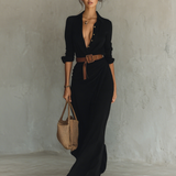 Matilda – Long Maxi Dress with Lapel Collar and Belt
