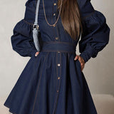 Indigo Statement Puff Sleeve Mini Dress