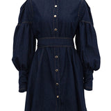Indigo Statement Puff Sleeve Mini Dress