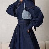 Indigo Statement Puff Sleeve Mini Dress